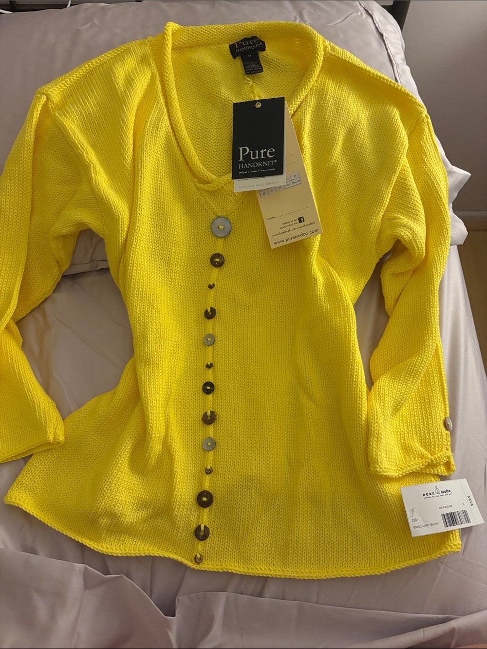 Pure Handknit Women's Bright Yellow V-Neck Button-Accent Knit Top